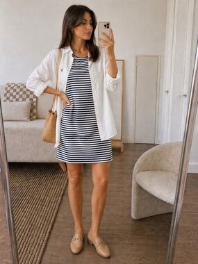 EVERLANE Coastal Preppy Striped T-Shirt Dress Tee | Cotton Effortless Summer M